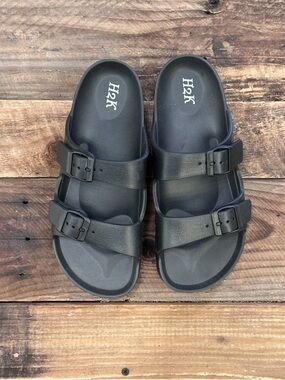 H2k Black Double-Buckle Slide Sandals for Women